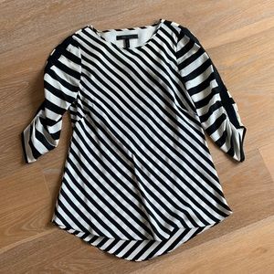 BCBGMaxAzria Maya silk black white striped long sleeves top with keyhole back